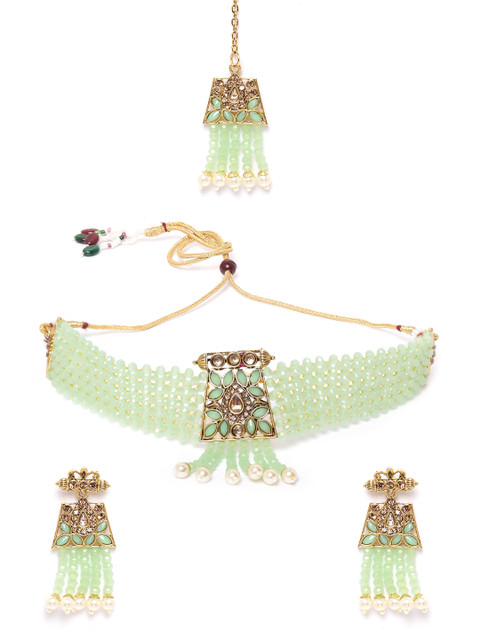 

MUCH MORE Lime Green Gold-Plated Stone Studded & Beaded Jewellery Set