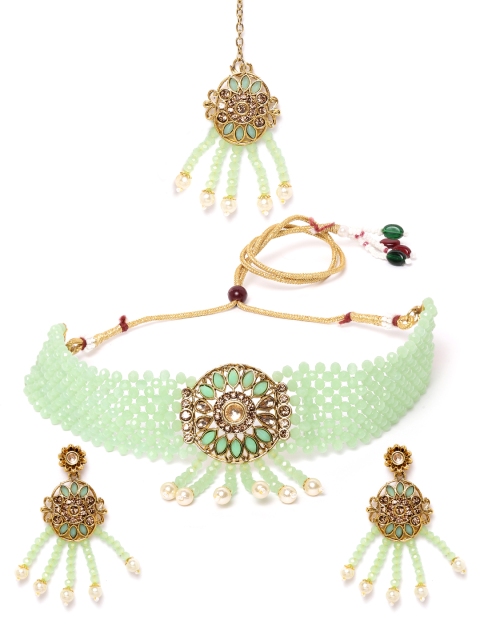 

MUCH MORE Green Gold-Plated Stone Studded & Beaded Jewellery Set