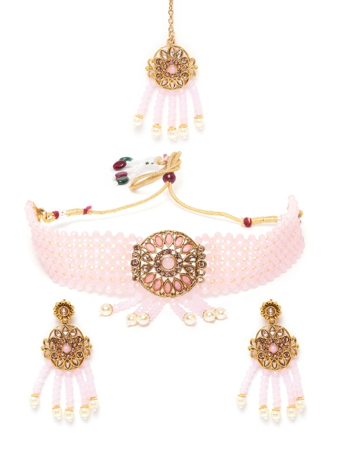

MUCH MORE Pink Gold-Plated Stone Studded & Beaded Jewellery Set