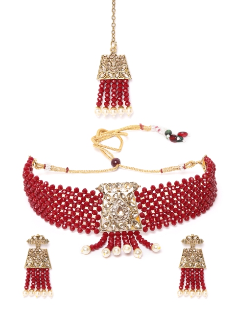 MUCH MORE Maroon Gold-Plated Stone Studded & Beaded Jewellery Set