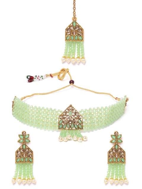 

MUCH MORE Lime Green Gold-Plated Stone Studded & Beaded Jewellery Set