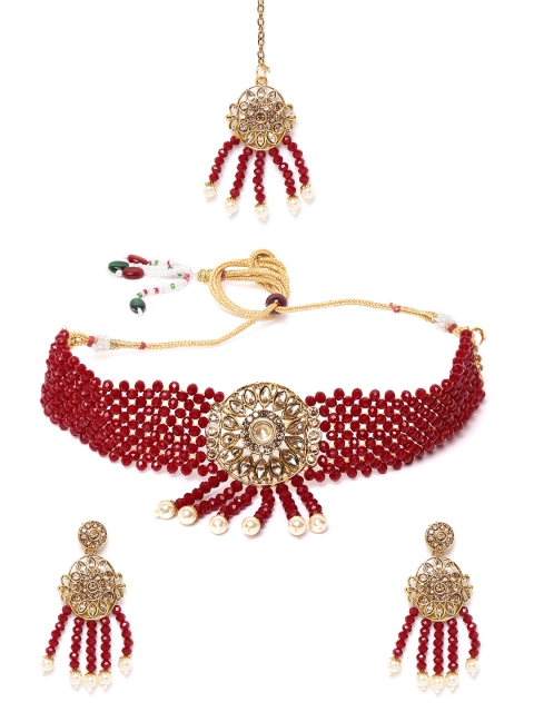 

MUCH MORE Maroon Gold-Plated Stone Studded & Beaded Jewellery Set