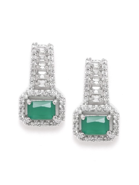 

MUCH MORE Green Silver-Plated CZ Studded Geometric Studs