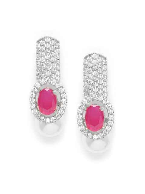 

MUCH MORE Pink Silver-Plated CZ Studded & Beaded Geometric Drop Earring