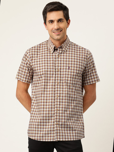 

Burnt Umber Men Beige & Maroon Regular Fit Checked Pure Cotton Casual Shirt