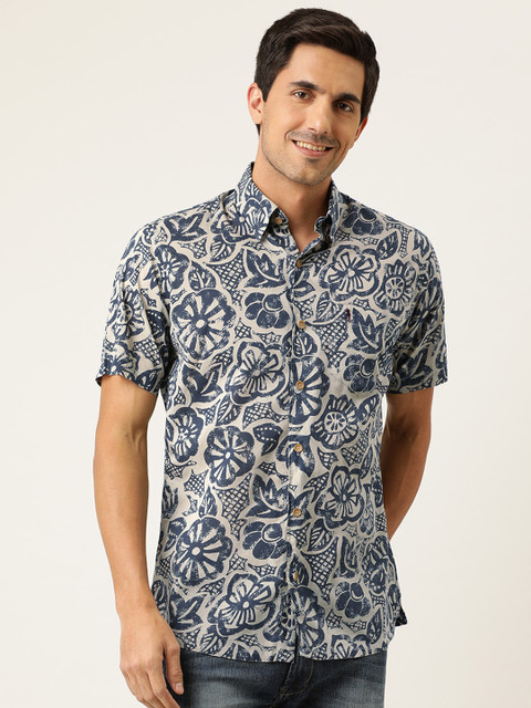 

Burnt Umber Men Navy Blue & Beige Regular Fit Printed Pure Cotton Casual Shirt