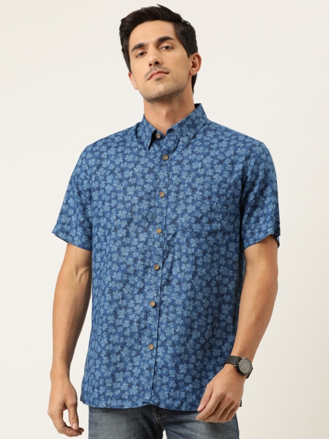 

Burnt Umber Men Blue Regular Fit European Linen Printed Casual Shirt