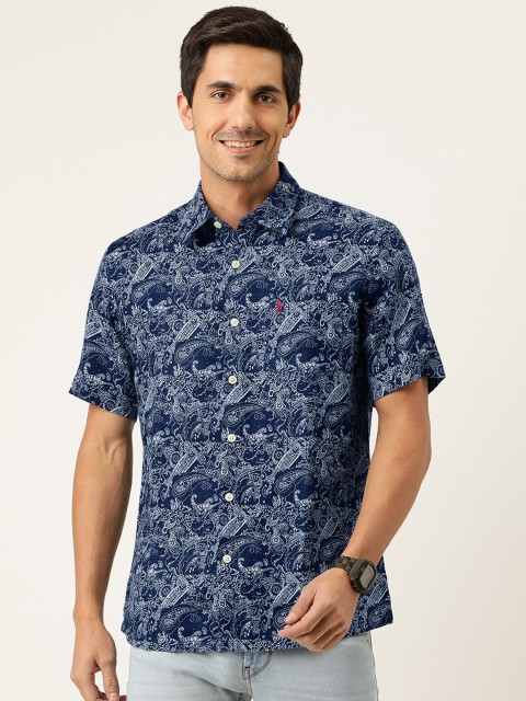 

Burnt Umber Men Navy Blue & White Slim Fit Ethnic Printed Linen Casual Shirt