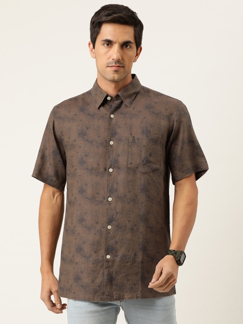 

Burnt Umber Men Brown & Navy Blue Slim Fit Floral Printed Linen Casual Shirt