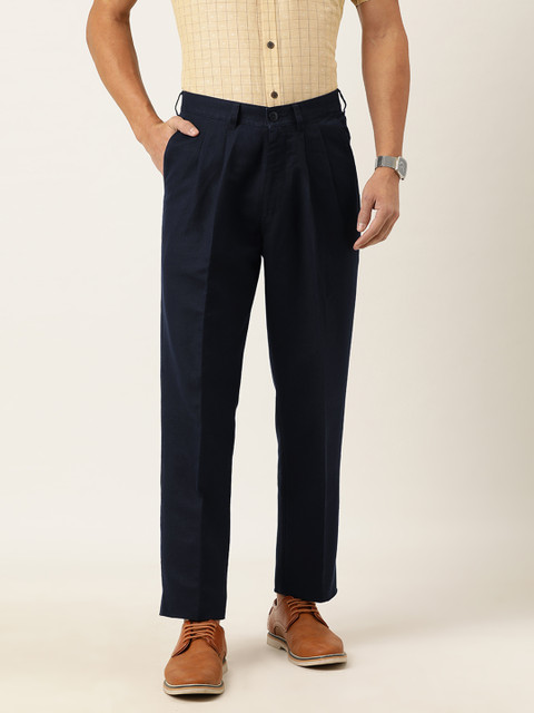 

Burnt Umber Men Navy Blue Regular Fit Solid Pleated Chinos