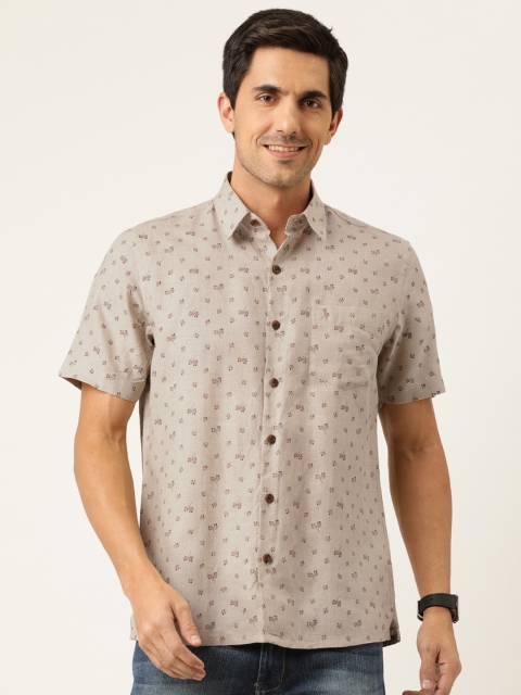 

Burnt Umber Men Beige Slim Fit European Linen Printed Casual Shirt