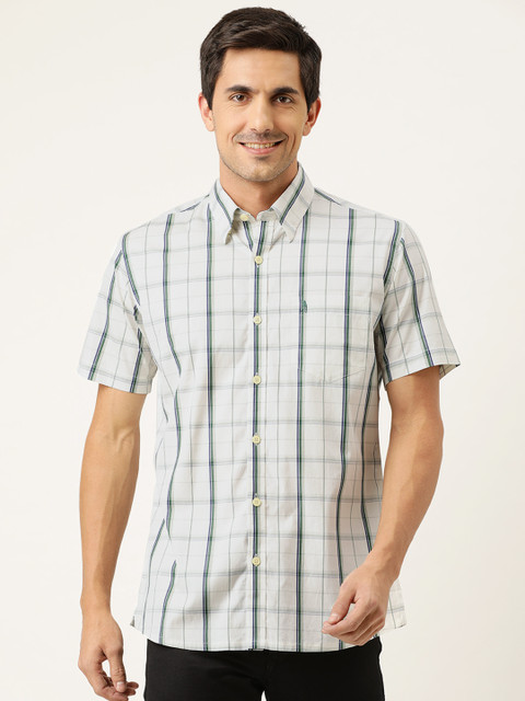 

Burnt Umber Men White & Olive Green Regular Fit Checked Casual Shirt