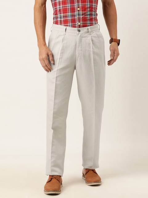 

Burnt Umber Men Beige Regular Fit Solid Linen Cotton Pleated Chinos