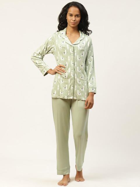 

Organza Women Green & White Lama Print Stretchable Night suit