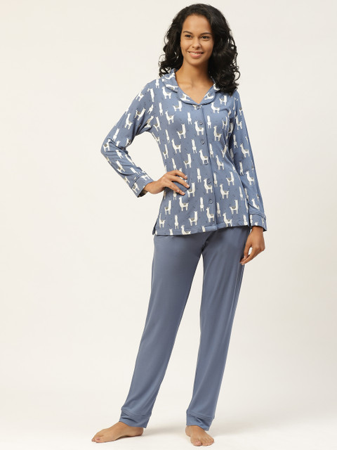 

Organza Women Blue & White Lama Print Stretchable Night suit