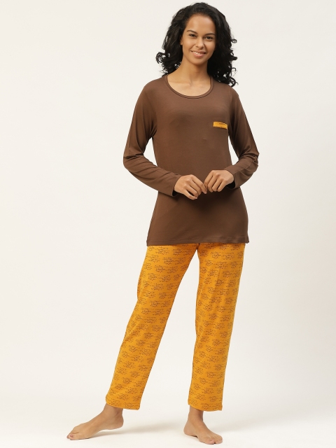 

Organza Women Brown & Mustard Yellow Printed Night suit