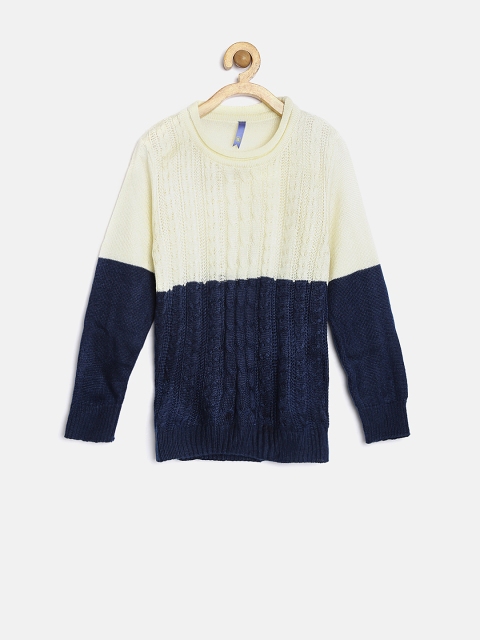 

YK Girls Cream-Coloured & Navy Colourblocked Patterned Sweater