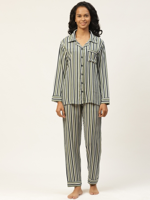 

Organza Women Green & White Striped Non-Stretchable Night suit
