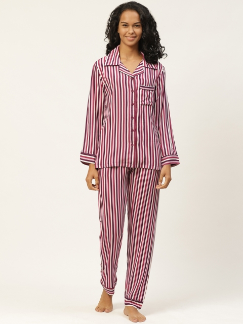

Organza Women Red & Pink Striped Non-Stretchable Night suit