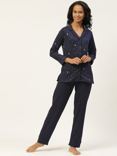 

Organza Women Navy Blue & Silver Pure Cotton Printed Stretchable Night suit