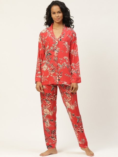 

Organza Women Red & Off-White Printed Non-Stretchable Night suit