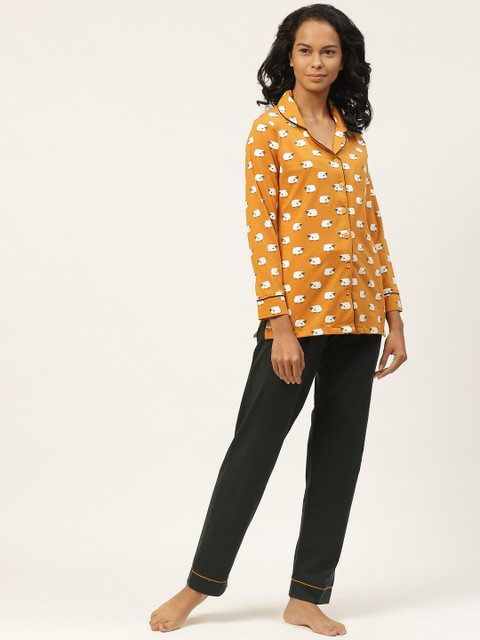 

Organza Women Mustard Yellow & Green Pure Cotton Printed Night suit