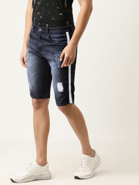 

Campus Sutra Men Navy Blue Washed Regular Fit Denim Shorts with Side Stripe