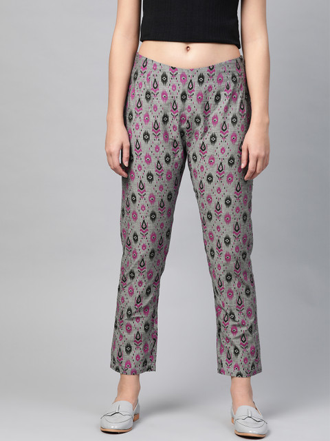 

PINKSKY Women Grey Smart Slim Printed Cropped Handloom Sustainable Cigarette Trousers