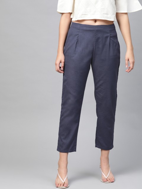 

PINKSKY Women Navy Blue Smart Slim Fit Solid Cropped Cigarette Trousers