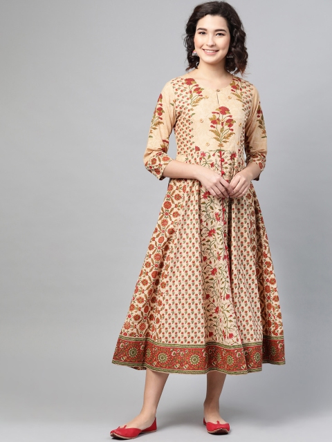 

PINKSKY Women Beige & Maroon Sustainable Handicrafts Printed Midi Dress