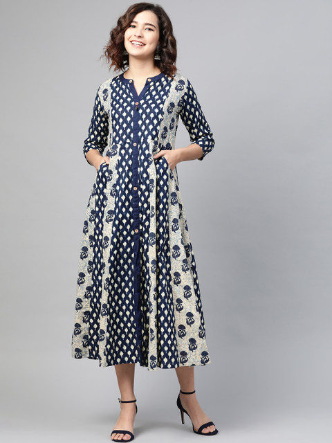 

PINKSKY Women Navy Blue & Beige Printed Sustainable Handicrafts Midi Dress