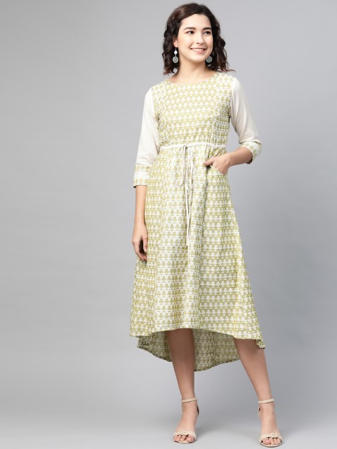 

PINKSKY Women Off-White & Green Self-Design High-Low A-Line Dress