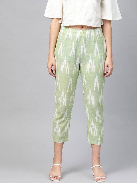 

PINKSKY Women Green Smart Slim Printed Sustainable Handloom Cropped Cigarette Trousers