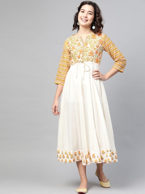 

PINKSKY Women Off-White & Yellow Printed Sustainable Handicrafts Maxi Dress