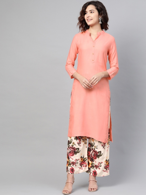 

PINKSKY Women Peach & Cream-Coloured Solid Kurta with Palazzos
