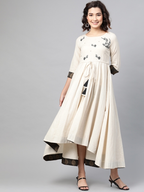 

PINKSKY Women Off-White & Black Embroidered Asymmetric Maxi Dress