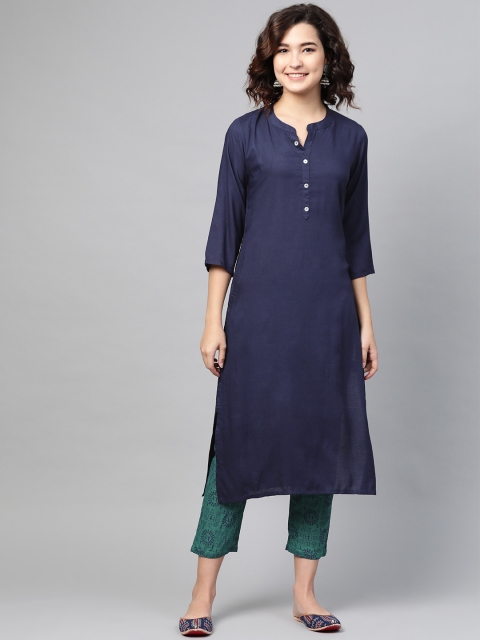 

PINKSKY Women Navy Blue & Green Solid Kurta with Trousers