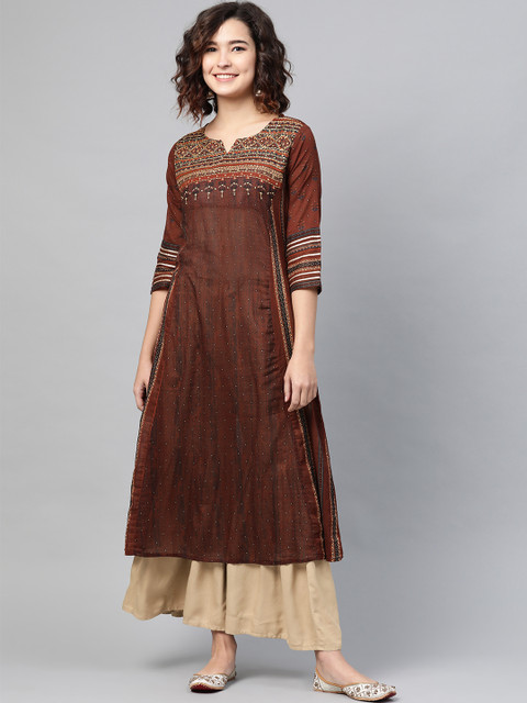 

PINKSKY Women Brown & Beige Pure Cotton Printed Sustainable Handicrafts Kurta with Sharara
