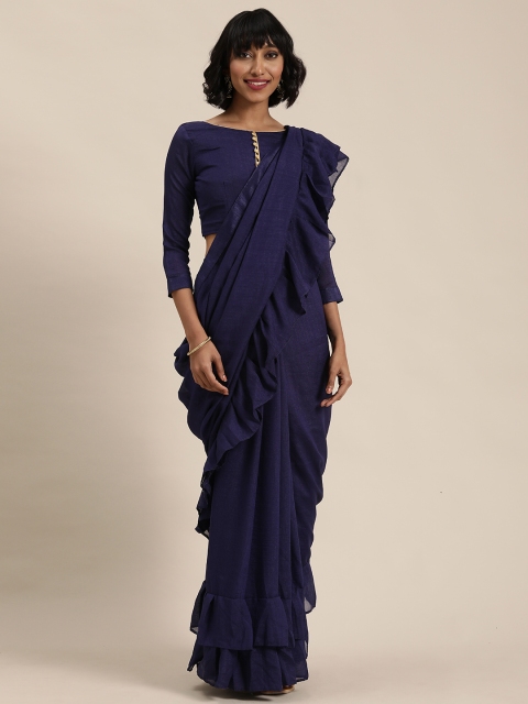 

Florence Navy Blue Solid Ruffle Saree