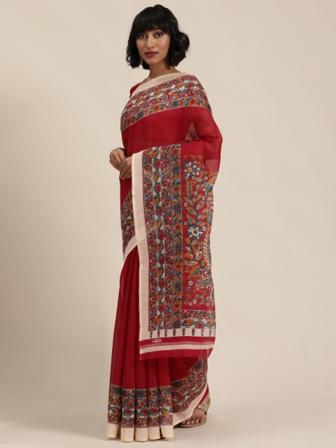 

Florence Red & Teal Blue Solid Saree with Kalamkari Print Border