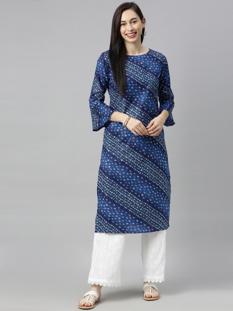 

Blissta Women Blue Bandhani Printed Bell Sleeves Kurta