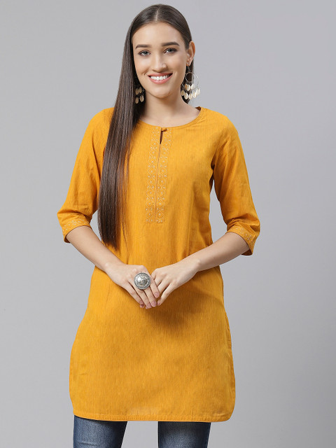 

Fabindia Women Mustard Yellow Solid Pure Cotton Straight Kurta with Thread Work Detail