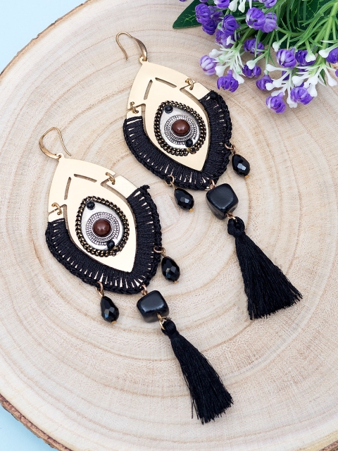 

Golden Peacock Black & Gold-Toned Contemporary Drop Earrings