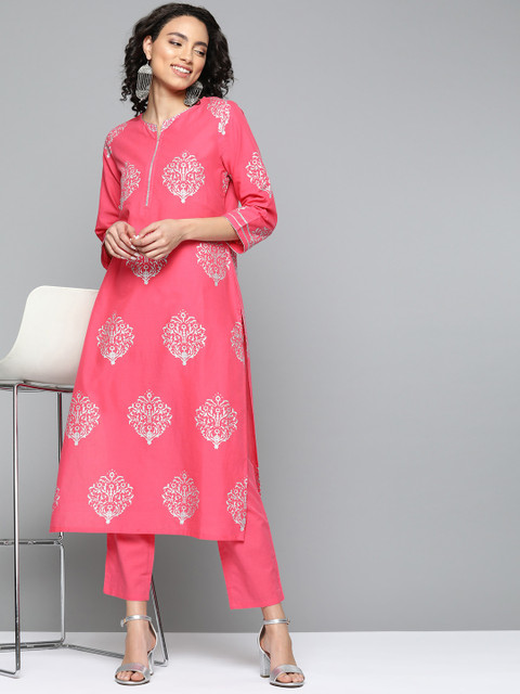 

HERE&NOW Women Pink & Silver Pure Cotton Printed Kurta with Trousers