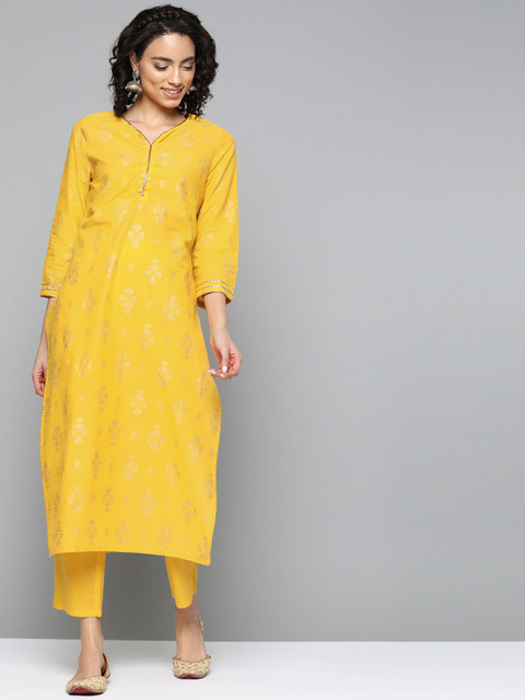 

HERE&NOW Women Mustard Yellow & Golden Pure Cotton Printed Kurta with Trousers