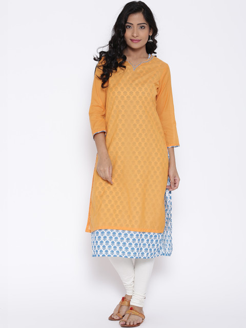 

BIBA Yellow Polyester Kurta with Printed Inner