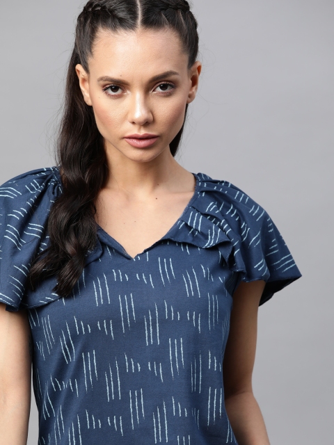 

Roadster Navy Blue & Off White Printed Cape Sleeve Top