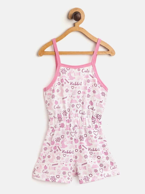 

GAME BEGINS Girls White & Pink Conversational Print Pure Cotton Playsuit