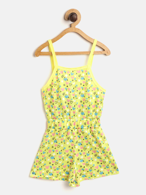 

GAME BEGINS Girls Yellow & Pink Conversational Print Pure Cotton Playsuit