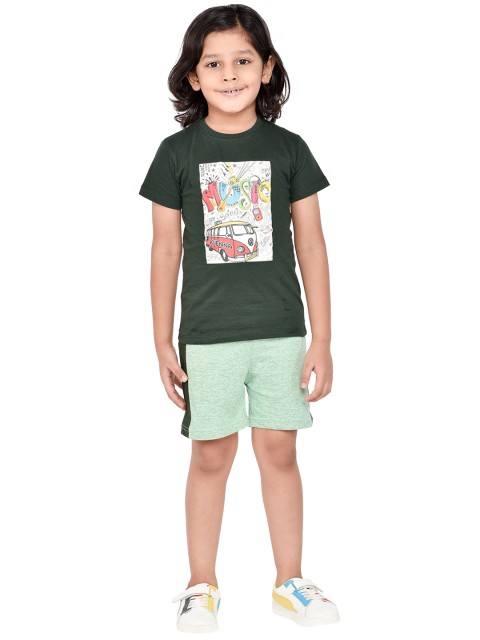 

ORANGE PUMPKKIN Boys Green & Off-White Printed T-shirt with Shorts